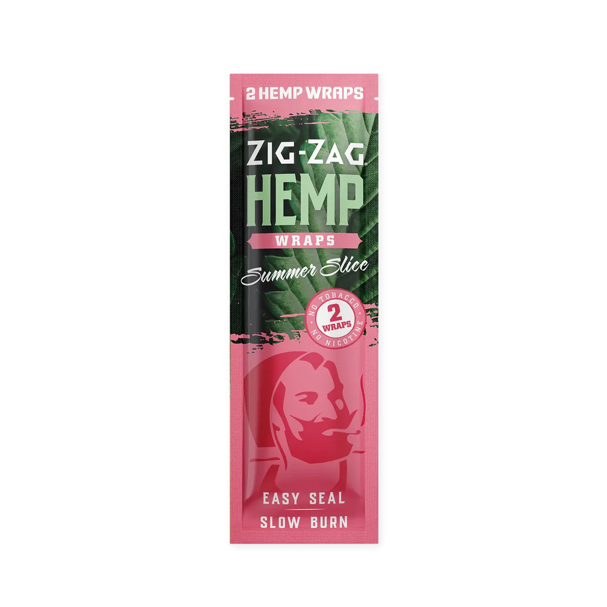 Front view of the Zig-Zag Hemp Wraps in the Summer Slice flavor variant featuring bright red and green packaging. These vegan, non-GMO wraps contain zero tobacco and seamlessly blend a refreshing fruit taste with the natural profile of your chosen fill.