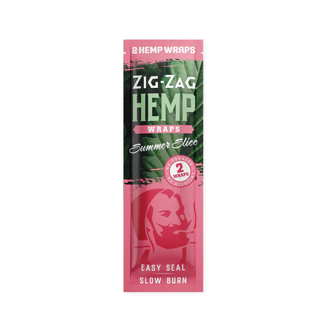 Front view of the Zig-Zag Hemp Wraps in the Summer Slice flavor variant featuring bright red and green packaging. These vegan, non-GMO wraps contain zero tobacco and seamlessly blend a refreshing fruit taste with the natural profile of your chosen fill.