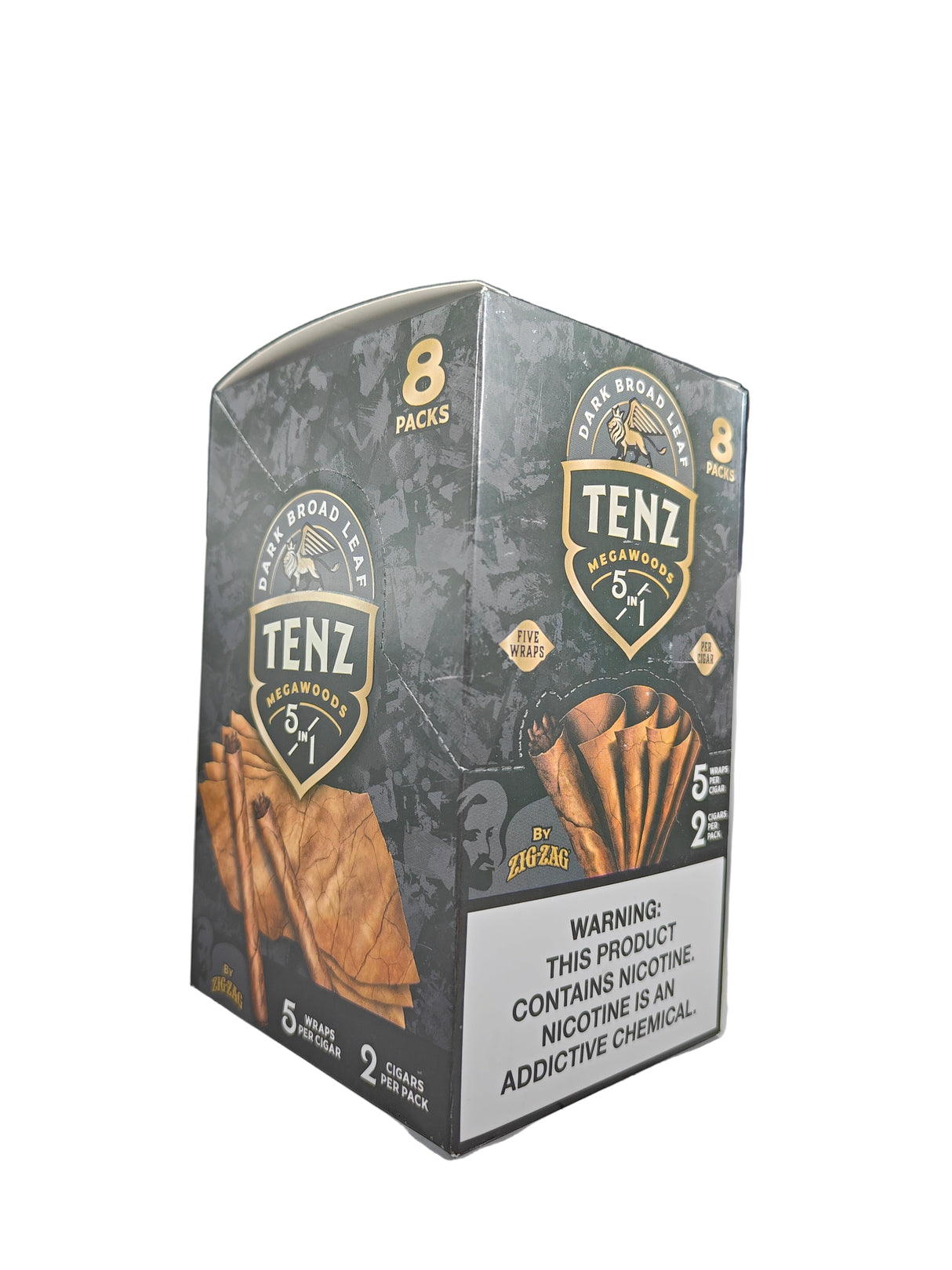 Front view of the Zig Zag Tenz Megawoods Dark Broad Leaf box in deep dark brown. These premium large-size natural leaf wraps come in a wholesale 8-count box of 2-packs, offering a slow, smooth burn perfect for retail counter displays.