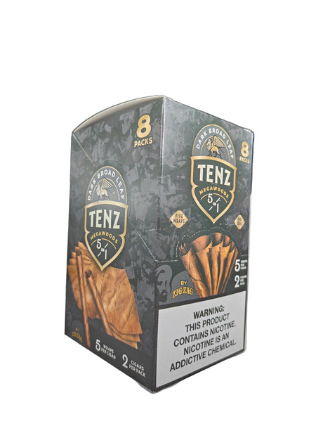 Front view of the Zig Zag Tenz Megawoods Dark Broad Leaf box in deep dark brown. These premium large-size natural leaf wraps come in a wholesale 8-count box of 2-packs, offering a slow, smooth burn perfect for retail counter displays.
