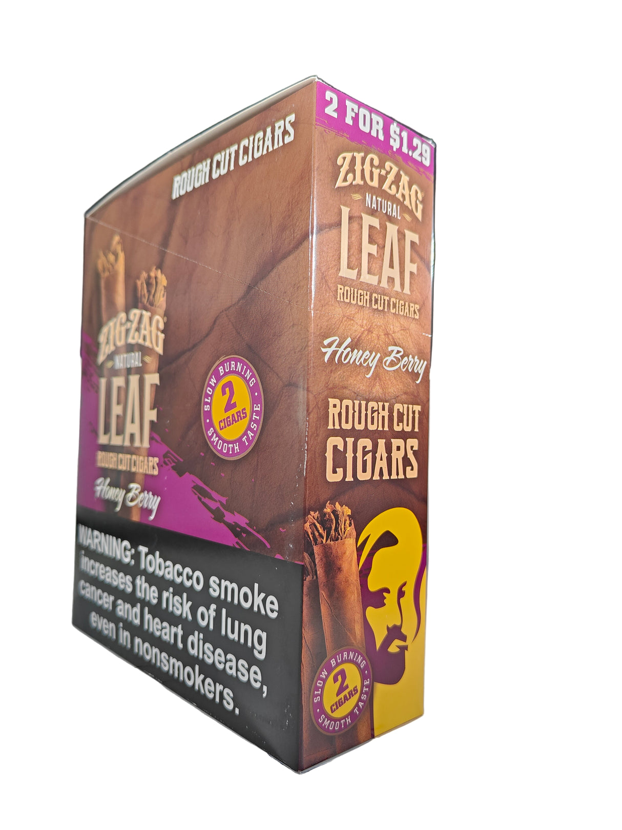 Angled front view of the Zig Zag Tenz Megawoods Grape box in vibrant purple and brown. These premium large-size natural leaf wraps come in a wholesale 8-count box of 2-packs, offering a slow, smooth burn perfect for retail counter displays.