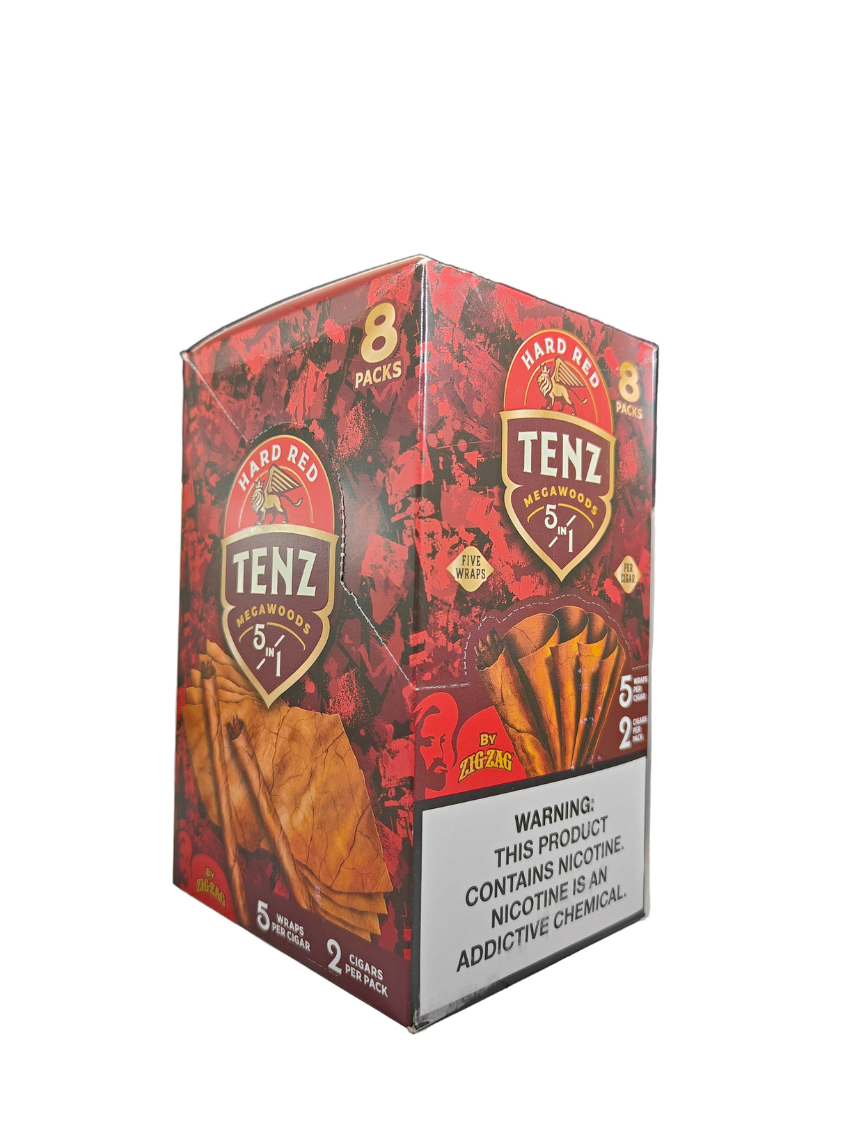 Angled overhead view of the Zig Zag Tenz Megawoods Hard Red box in bold red and brown. These premium large-size natural leaf wraps come in a wholesale 8-count box of 2-packs, offering a slow, smooth burn perfect for retail counter displays.