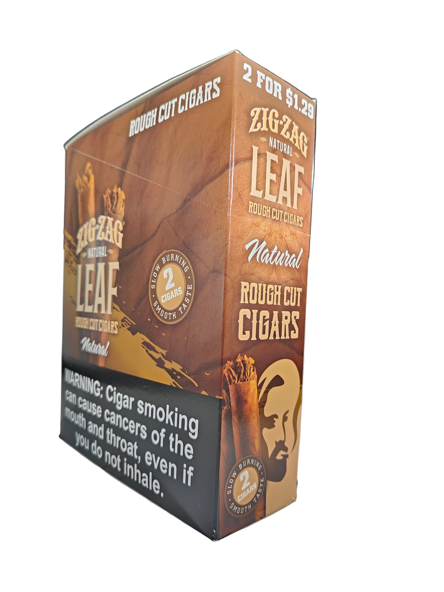 Angled overhead view of the Zig Zag Tenz Megawoods Natural box in rustic brown and orange. These premium large-size natural leaf wraps come in a wholesale 8-count box of 2-packs, offering a slow, smooth burn perfect for retail counter displays.