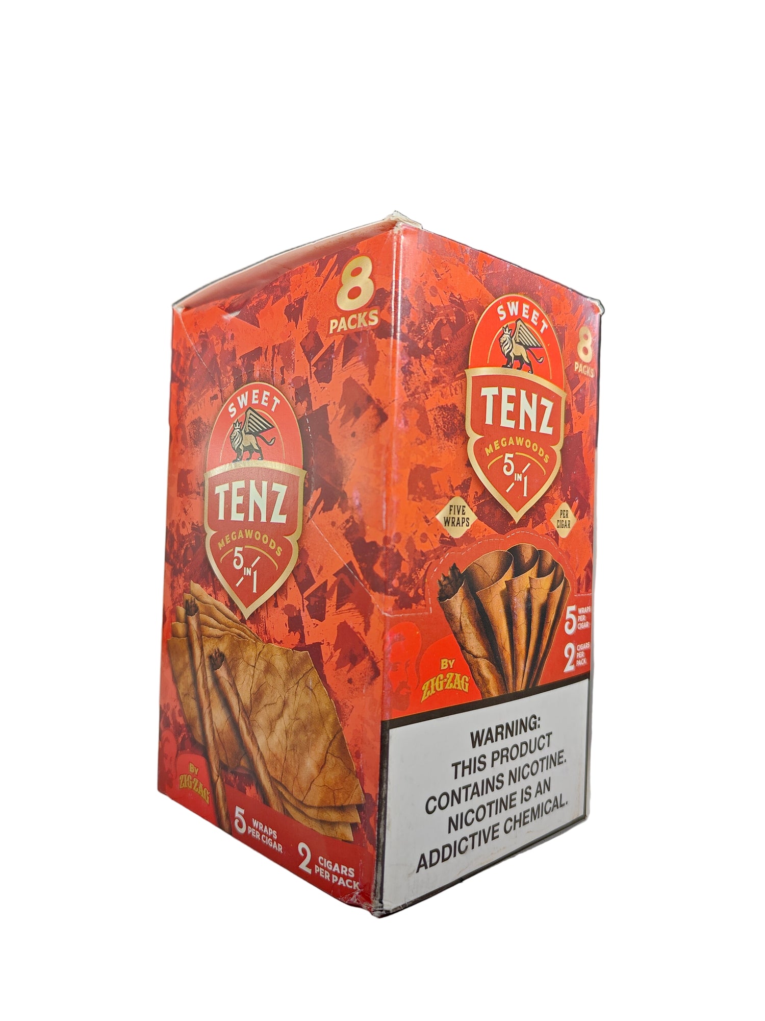 Angled overhead view of the Zig Zag Tenz Megawoods Sweet box in warm burgundy and brown. These premium large-size natural leaf wraps come in a wholesale 8-count box of 2-packs, offering a slow, smooth burn perfect for retail counter displays.