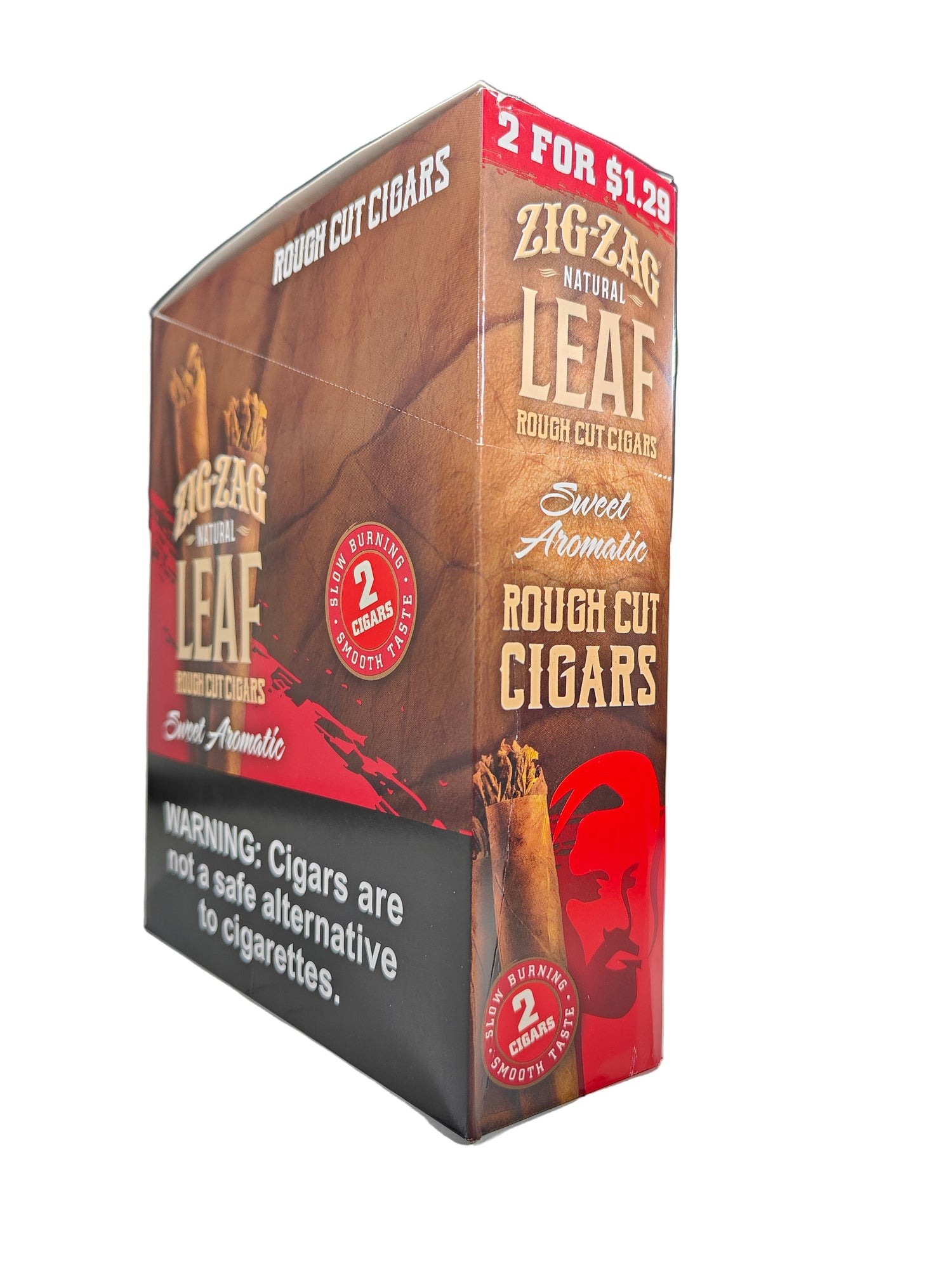 Front view of the Zig Zag Tenz Megawoods Sweets box in deep red and brown. These premium large-size natural leaf wraps come in a wholesale 8-count box of 2-packs, offering a slow, smooth burn perfect for retail counter displays.