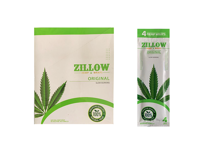 Front angled view of the Zillow Hemp Wraps 20-count display box in cream and green. Made from all-natural hemp, these tobacco-free wraps provide a clean, smooth, and slow-burning smoking experience.