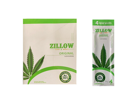 Front angled view of the Zillow Hemp Wraps 20-count display box in cream and green. Made from all-natural hemp, these tobacco-free wraps provide a clean, smooth, and slow-burning smoking experience.