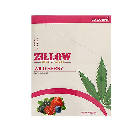 Front view of the Zillow Hemp Wraps 20-count display box in cream and red. Made from all-natural hemp, these tobacco-free wraps provide a clean, smooth, and slow-burning smoking experience.