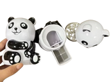 Overhead disassembled view of the Zinc Alloy Panda Herb Grinder separating its internal component layers. The multi-stage layout includes a built-in metal mesh sifting screen and a deep bottom collection basin to safely capture fine pollen dust.