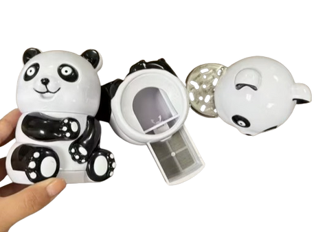 Overhead disassembled view of the Zinc Alloy Panda Herb Grinder separating its internal component layers. The multi-stage layout includes a built-in metal mesh sifting screen and a deep bottom collection basin to safely capture fine pollen dust.