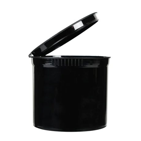 Front angled view of the 90 dram pop top container in opaque black. This moisture-resistant bottle features a secure squeeze-to-open mechanism that keeps bulk products fresh and odor-free.
