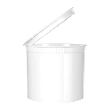 Top down view of the 90 dram pop top container in opaque white with the hinged lid popped open. The wide mouth opening makes it easy to access, dispense, and store up to 1 ounce of dry flower.