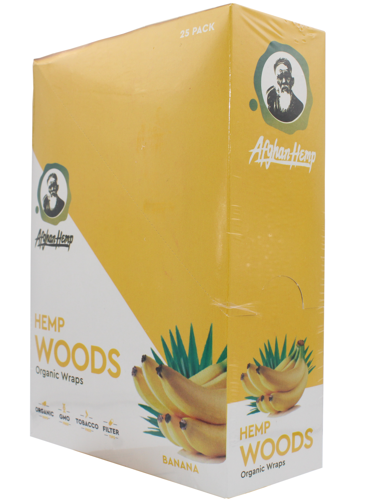front view of the Afghan Hemp display box. Made from durable hemp fibers removing all the nicotine and tobacco from your experience for a slow and smooth smoke with a fresh banana flavor 