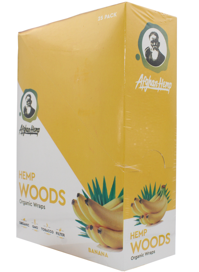 front view of the Afghan Hemp display box. Made from durable hemp fibers removing all the nicotine and tobacco from your experience for a slow and smooth smoke with a fresh banana flavor 