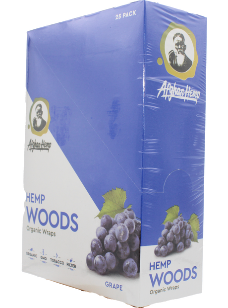 front view of the Afghan Hemp display box. Made from durable hemp fibers removing all the nicotine and tobacco from your experience for a slow and smooth smoke with a fresh grape flavor.