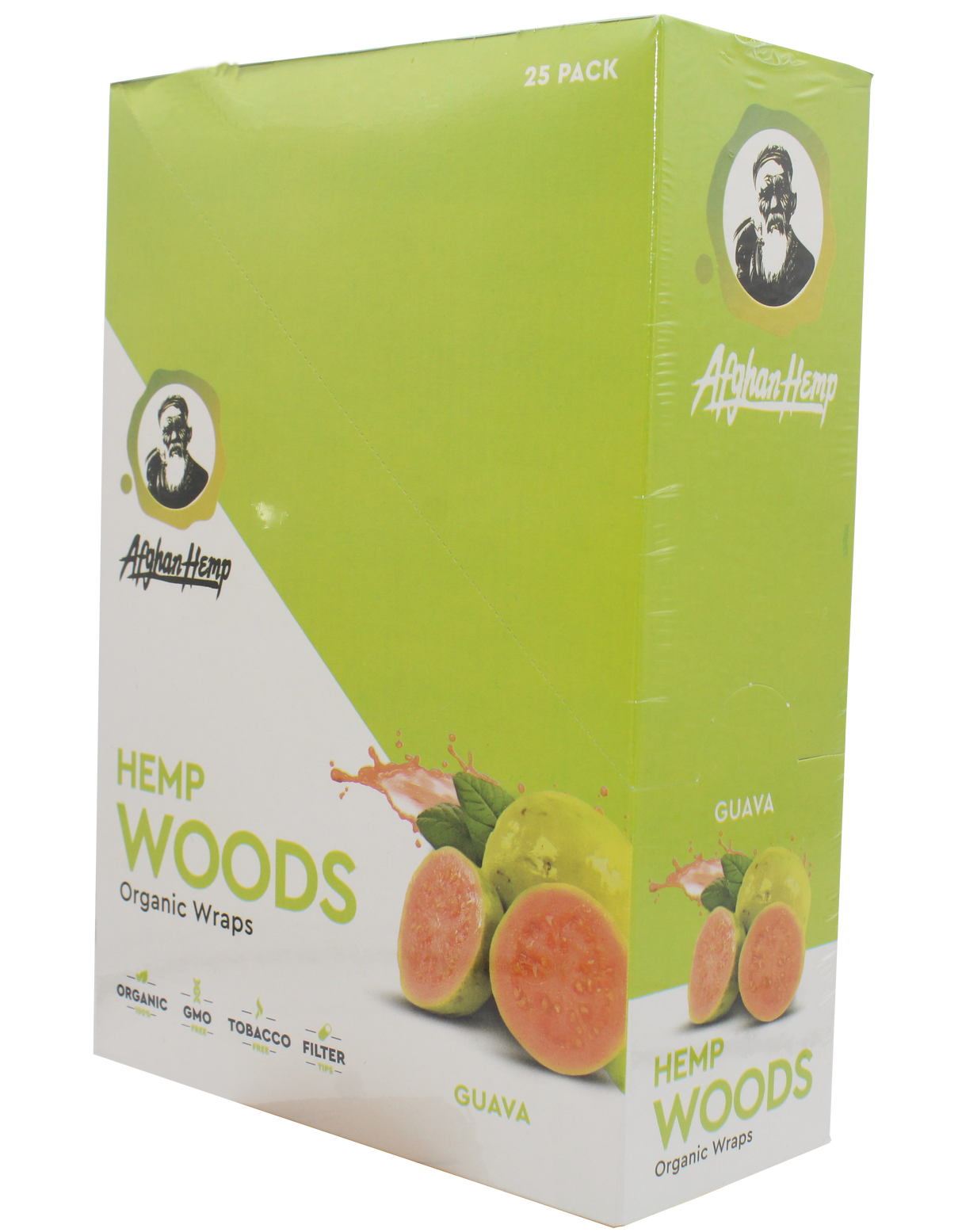 front view of the Afghan Hemp display box. Made from durable hemp fibers removing all the nicotine and tobacco from your experience for a slow and smooth smoke with a light tropical guava flavor 