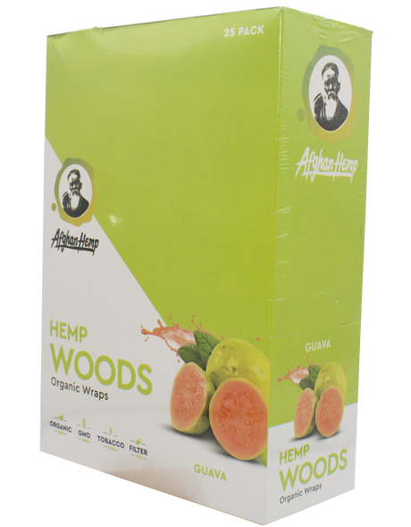 front view of the Afghan Hemp display box. Made from durable hemp fibers removing all the nicotine and tobacco from your experience for a slow and smooth smoke with a light tropical guava flavor 