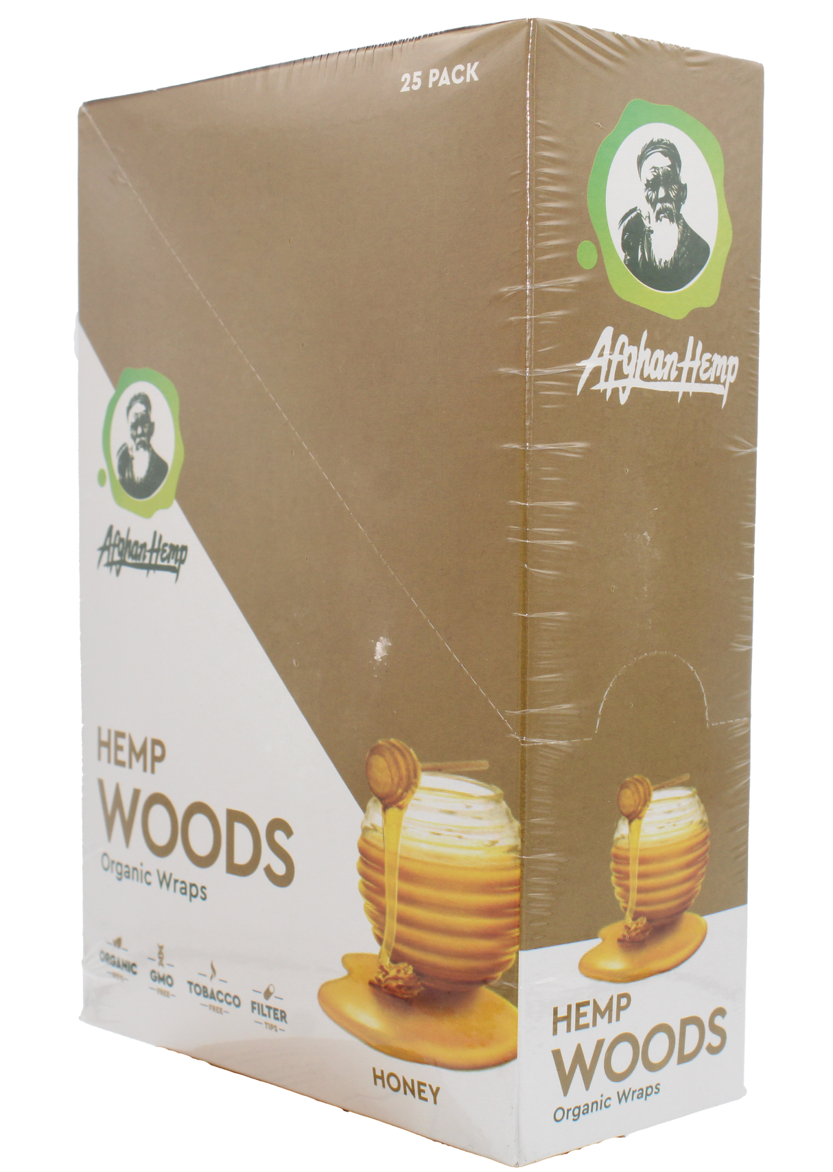 front view of the Afghan Hemp display box. Made from durable hemp fibers removing all the nicotine and tobacco from your experience for a slow and smooth smoke with a full sweet honey flavor 
