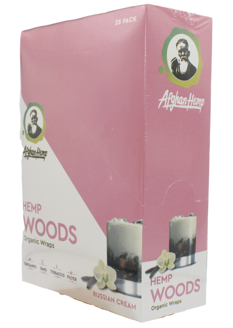 front view of the Afghan Hemp display box. Made from durable hemp fibers removing all the nicotine and tobacco from your experience for a slow and smooth smoke with a strong creamy russian cream flavor 