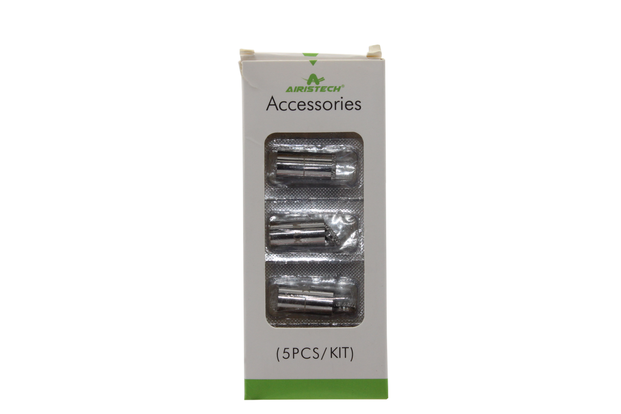 front view of the airistech 5 piece kit. made for expanding the versatility of your piece to have a stress free dabbing experience.