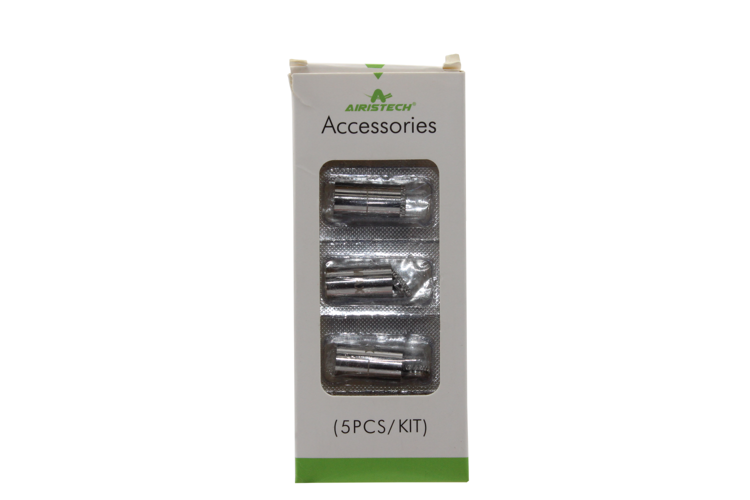 front view of the airistech 5 piece kit. made for expanding the versatility of your piece to have a stress free dabbing experience.