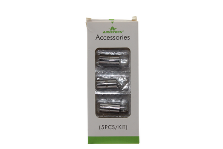 front view of the airistech 5 piece kit. made for expanding the versatility of your piece to have a stress free dabbing experience.