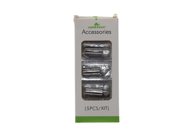 front view of the airistech 5 piece kit. made for expanding the versatility of your piece to have a stress free dabbing experience.