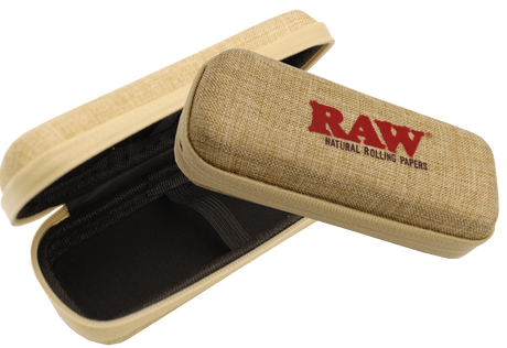 Angled overhead view of the open RAW Cone Wallet in black and reflective silver. The interior reveals a specialized foil lining designed to lock in pungent odors and keep your botanical material fresh during travel.