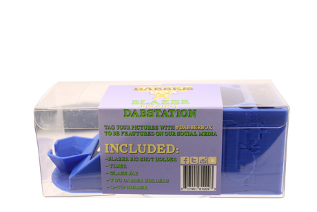 side view of the Dabber box blazer big shot dab station in blue. Made for the Big Shot GT8000 torch for an a streamlines experience, made of heat resistant plastic it allows for all the needed tools and monitoring equipment for dabbing.
