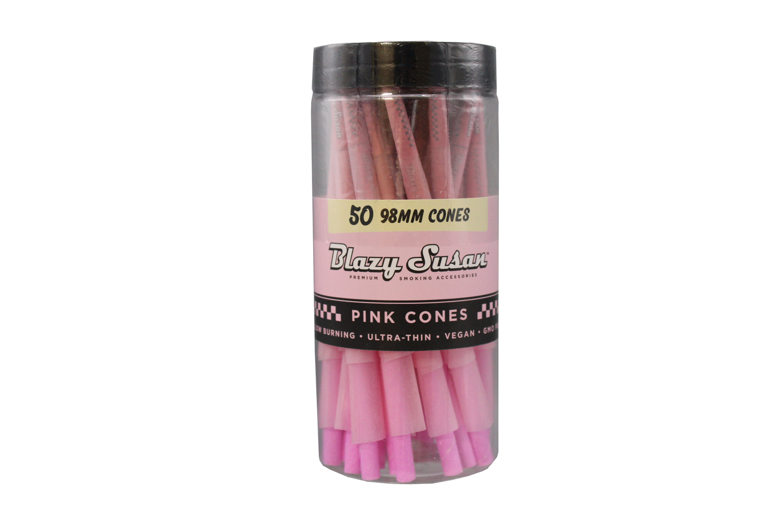 front view of the blazy susan pre rolled cones. made in their signature pink these pre rolled cones are made with organic materials for a clean smoking experience with some colorful flare.