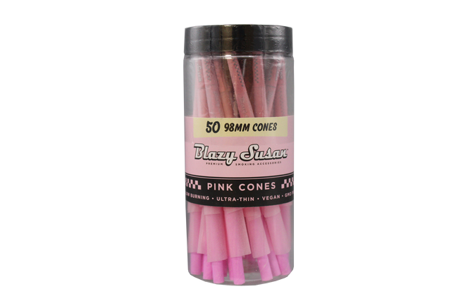 front view of the blazy susan pre rolled cones. made in their signature pink these pre rolled cones are made with organic materials for a clean smoking experience with some colorful flare.