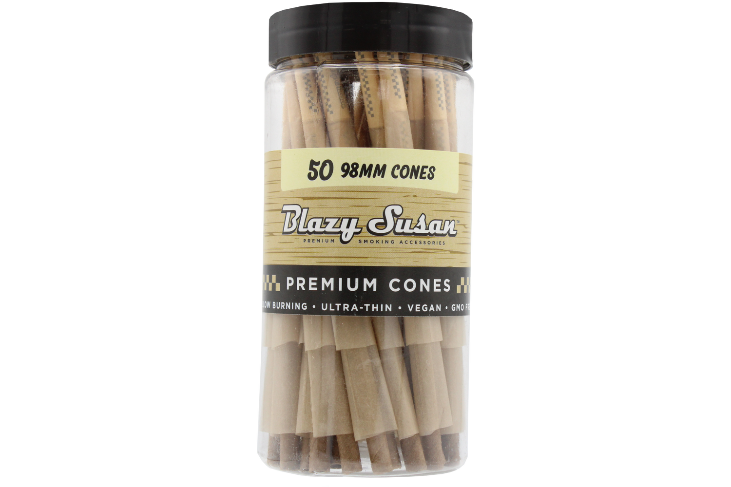 front view of the 98mm cones by blazy susan, without the iconic pink color but still with the unbleached and slow burning experience.