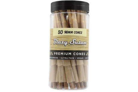 front view of the 98mm cones by blazy susan, without the iconic pink color but still with the unbleached and slow burning experience.