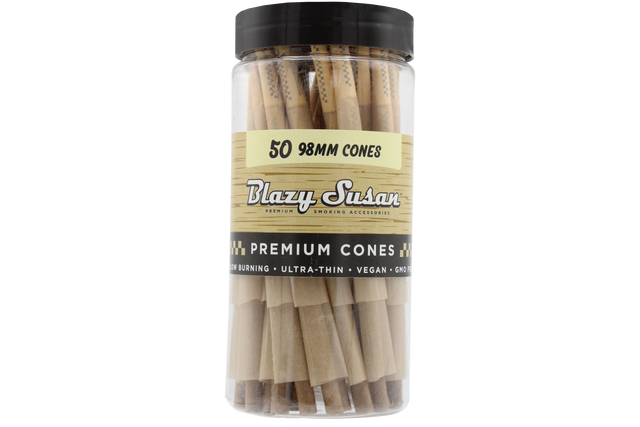 front view of the 98mm cones by blazy susan, without the iconic pink color but still with the unbleached and slow burning experience.