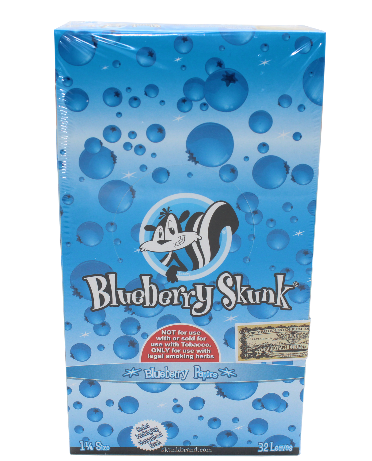 front view of the skunk brand blueberry flavored papers, made from unbleached hemp fibers from Spain for a smooth and refreshing smoking experience.