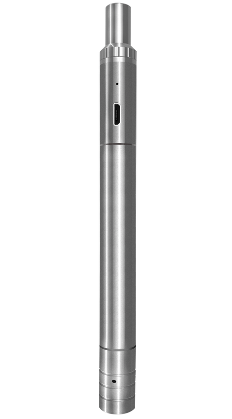 front view of the Bounsless terp pen in a sleek silver. A rushed look for such a premium dab product.