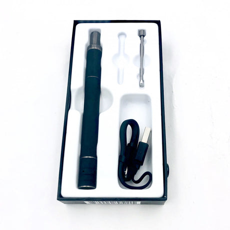 top view of the boundless terp pen as well as the packaging. The product is in a sleek black for those needing class.