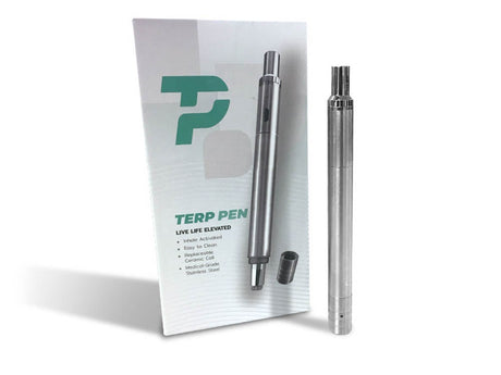 front view of the Boundless terp pen in silver and the packaging.