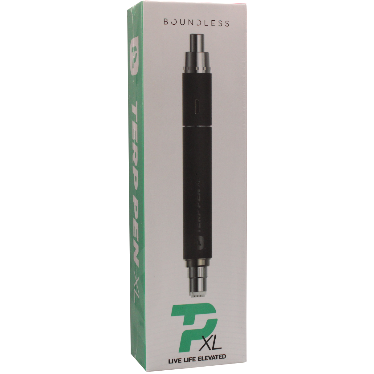 front view of the boundless P XL dab pen, made with machined premium materials for a durable construction it is powerful giving a heightened experience to customers. in a matte black finish.