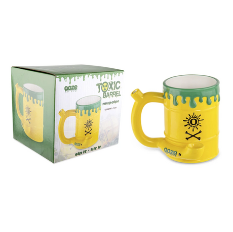product and package view of the Ceramic toxic mug pipe. A casual and fun mug that has an integrated pipe for smoking.