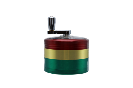 side view of the click it large rasta hand cranked grinder in the unique rasta colors. made for consistent grinding results.