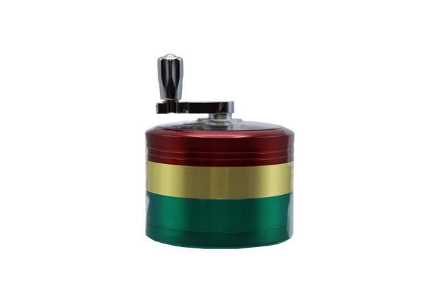 side view of the click it large rasta hand cranked grinder in the unique rasta colors. made for consistent grinding results.