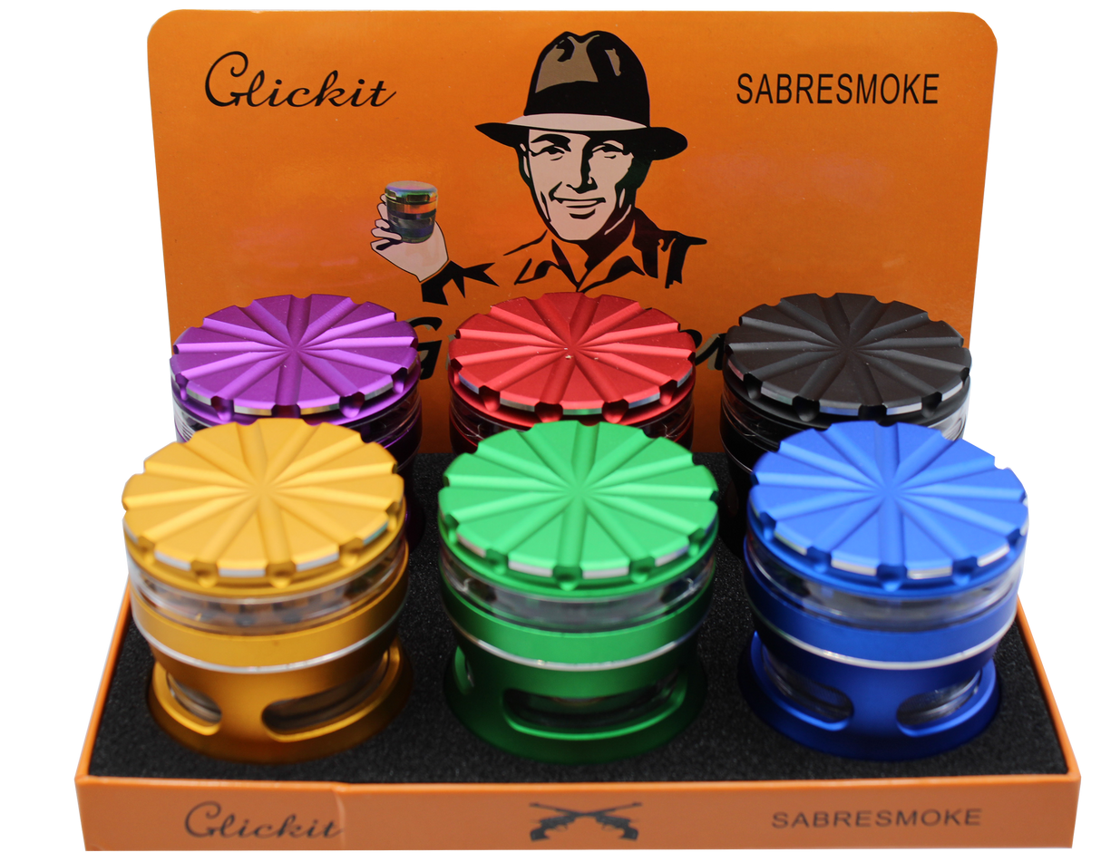front view of the click it aluminum herb grinder. Made from precise and durable aluminum for constant use with the perfect grind.