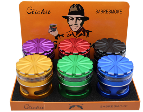 front view of the click it aluminum herb grinder. Made from precise and durable aluminum for constant use with the perfect grind.