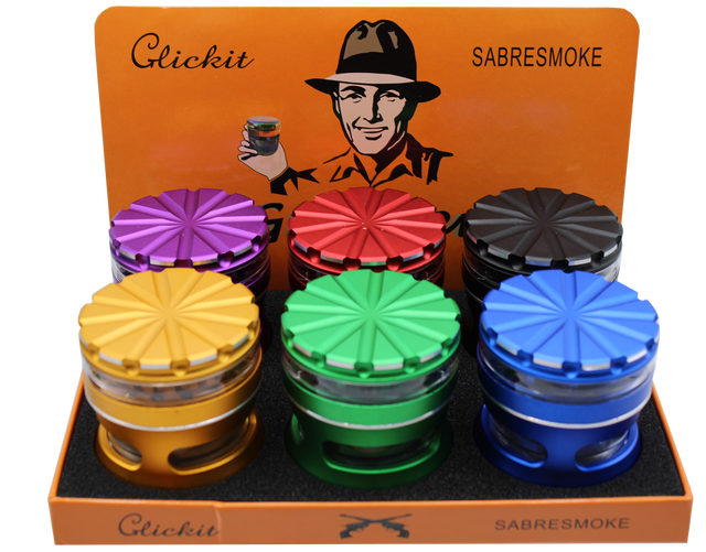 front view of the click it aluminum herb grinder. Made from precise and durable aluminum for constant use with the perfect grind.