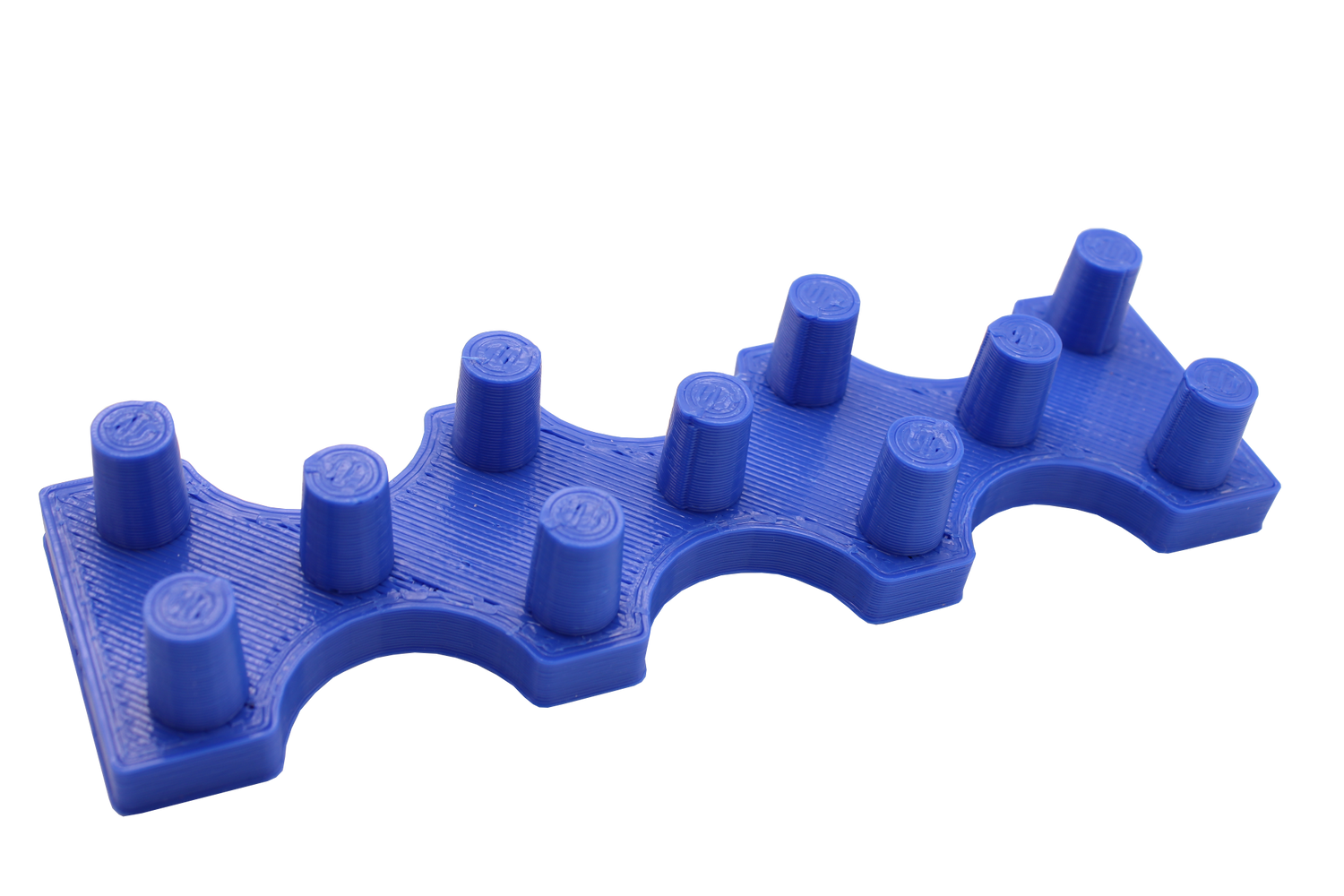 Front view of the dabber box glass display stand. A sturdy base able to hold 14mm accessories upright so that resin coated tips do not spill onto the table. Printed in blue