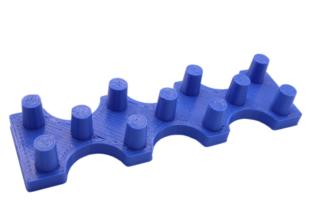 Front view of the dabber box glass display stand. A sturdy base able to hold 14mm accessories upright so that resin coated tips do not spill onto the table. Printed in blue