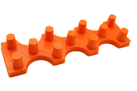 Front view of the dabber box glass display stand. A sturdy base able to hold 14mm accessories upright so that resin coated tips do not spill onto the table. printed in orange