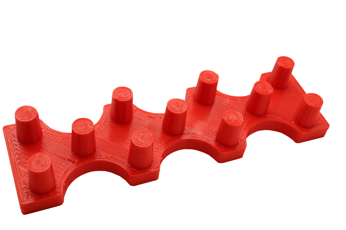 Front view of the dabber box glass display stand. A sturdy base able to hold 14mm accessories upright so that resin coated tips do not spill onto the table. printed in red
