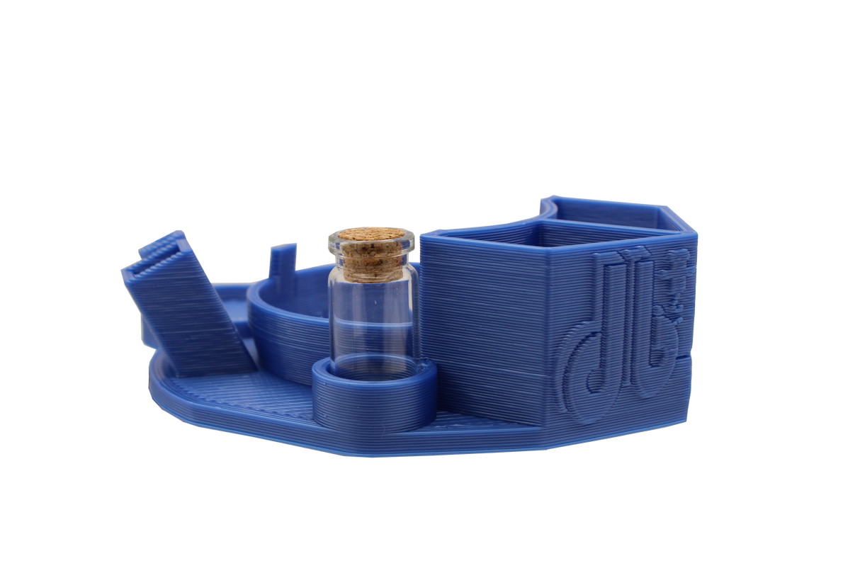 side view of the Dabber box dab station organizer in blue. A convenient way for a dabber to keep all their supplies handy in a neat and durable station. 